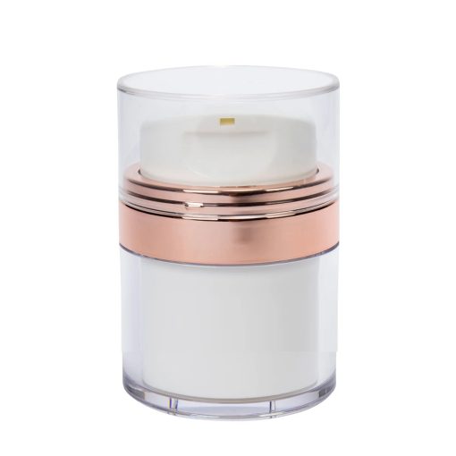 Airless Jar, Clear Cap, with Tall White Pump, Shiny Rose Gold Collar, PP Inner Cup, 50 mL