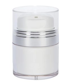 Airless Jar, Clear Cap, with Tall White Pump, Shiny Silver Collar, PP Inner Cup, 15 mL