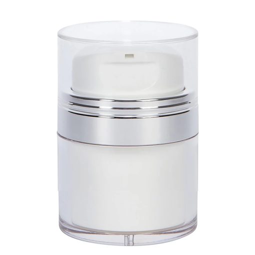 Airless Jar, Clear Cap, with Tall White Pump, Shiny Silver Collar, PP Inner Cup, 30 mL