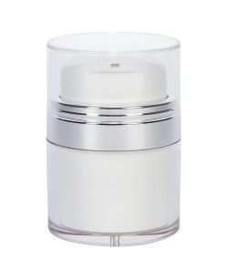 Airless Jar, Clear Cap, with Tall White Pump, Shiny Silver Collar, PP Inner Cup, 50 mL