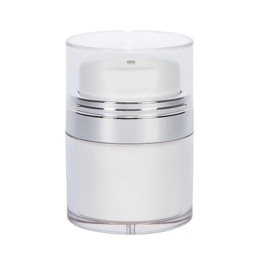 Airless Jar, Clear Cap, with Tall White Pump, Shiny Silver Collar, PP Inner Cup, 50 mL