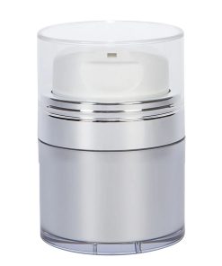 Airless Jar Clear Cap with Tall White Pump Shiny Silver Collar Platinum Body 15 mL