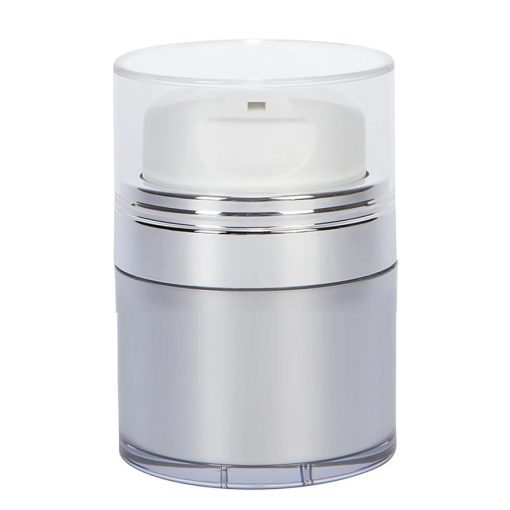 Airless Jar Clear Cap with Tall White Pump Shiny Silver Collar Platinum Body 15 mL