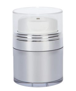 Airless Jar, Clear Cap, with Tall White Pump, Shiny Silver Collar, Platinum Body, 30 mL