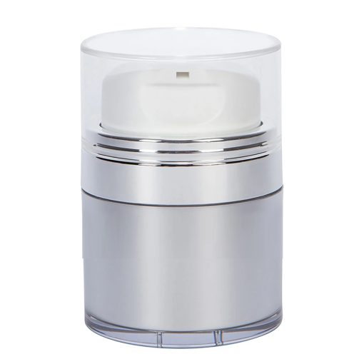 Airless Jar, Clear Cap, with Tall White Pump, Shiny Silver Collar, Platinum Body, 50 mL