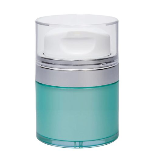 Airless Jar, Clear Cap, with Tall White Pump, Shiny Silver Collar, Teal Blue Body, 50 mL