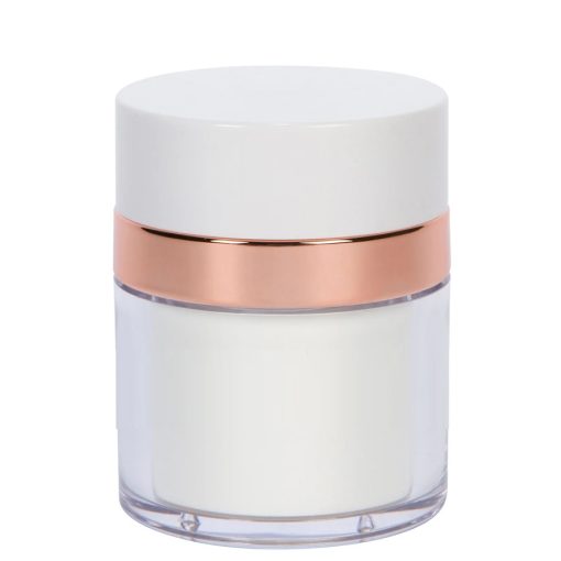 Airless Jar, White Cap, Shiny Rose Gold Collar, PP Inner Cup, 15 mL