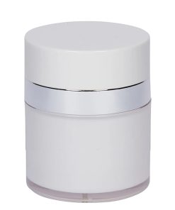 Airless Jar, White Cap, Shiny Silver Collar, Opaque White Body, 30 mL