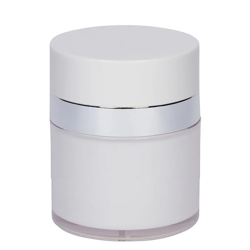 Airless Jar, White Cap, Shiny Silver Collar, Opaque White Body, 30 mL